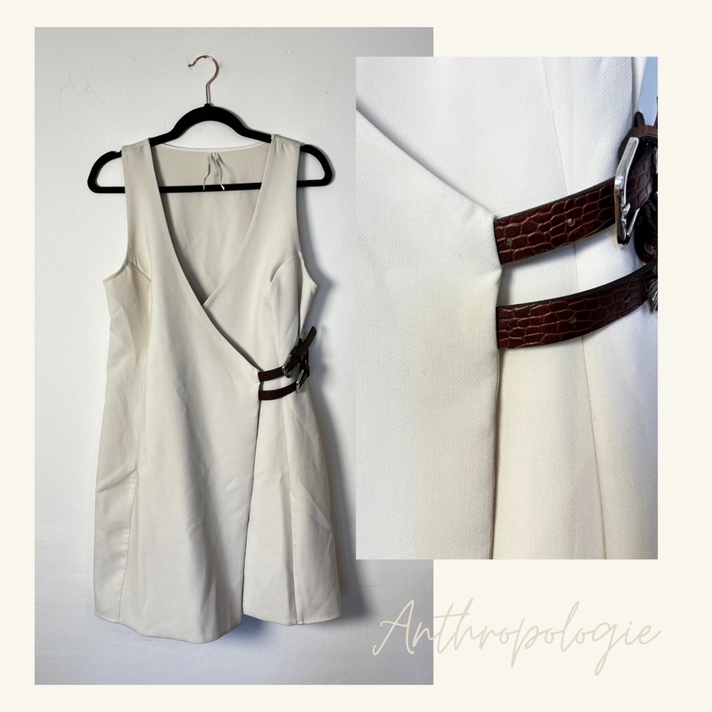 Anthropologie Off-White Wrap Dress – Leather Buckle Detail, Size M, Excellent